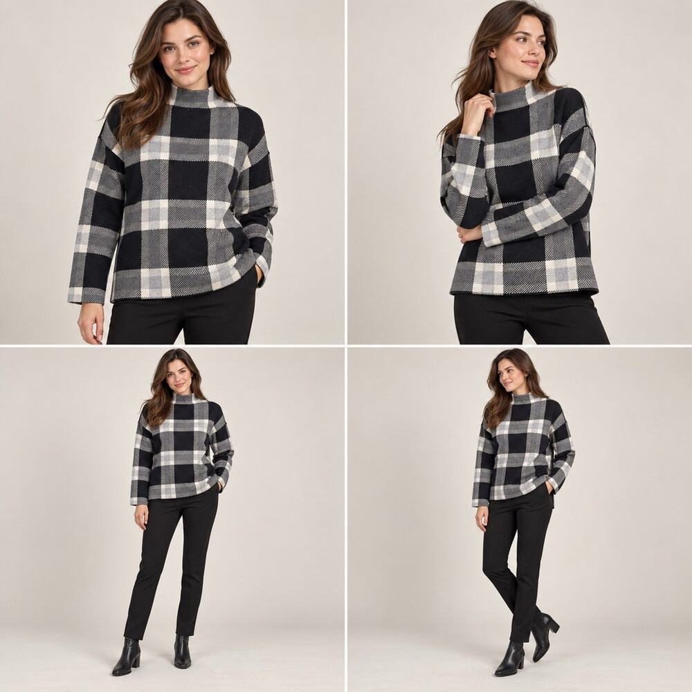 Max Studio Plaid Mock Neck Sweater Womens Medium Black Gray Cream Pullover
